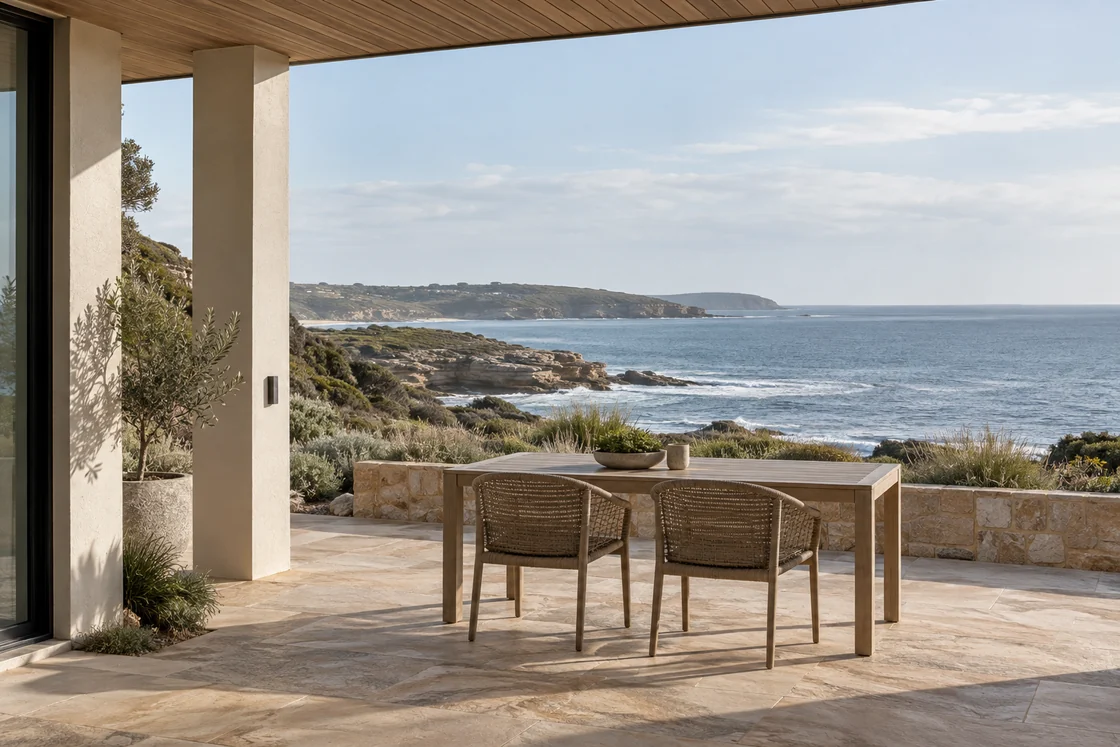 Illustrative coastal terrace with a timber dining table and woven chairs