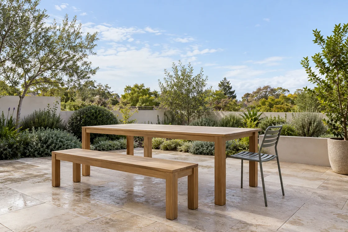 AI-generated illustration of a fictional uncovered garden patio with a plain timber table and bench, a metal chair, open sky and damp stone paving.