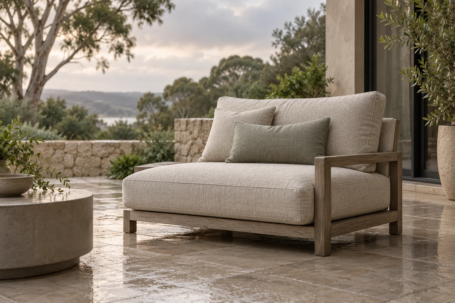 Pale woven cushions on an unbranded outdoor seat on a damp patio, in an AI-generated fictional setting.