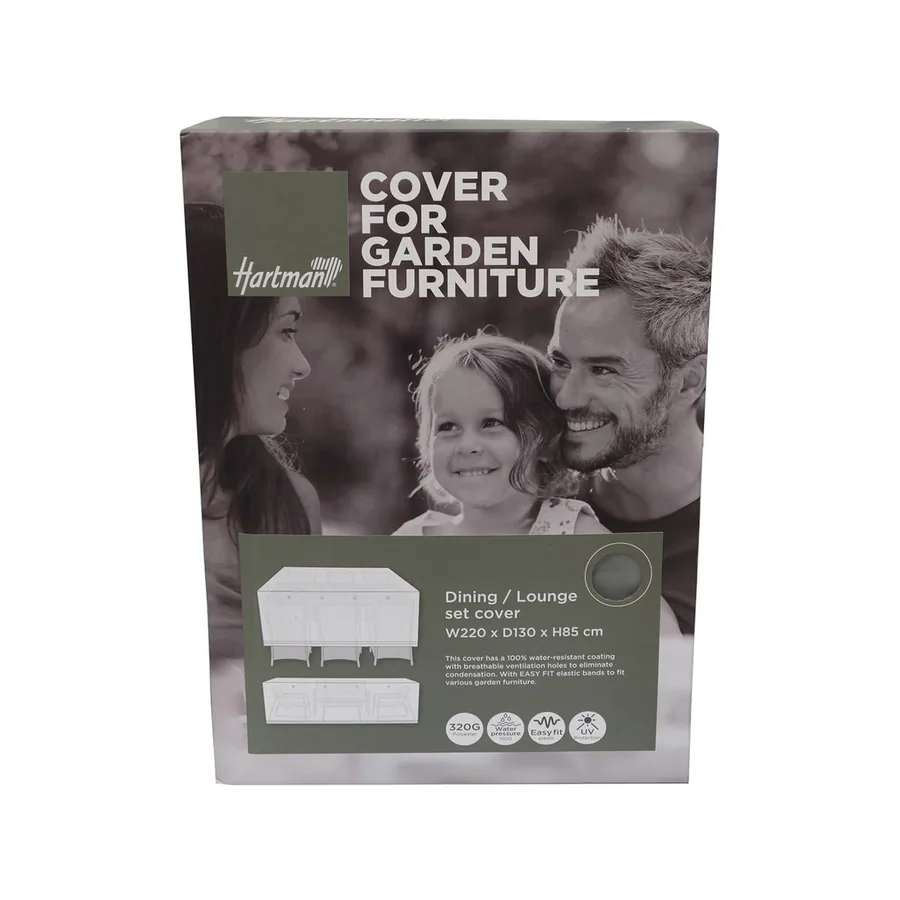 Retail packaging for the Hartman 220 by 130 by 85 cm outdoor furniture cover.