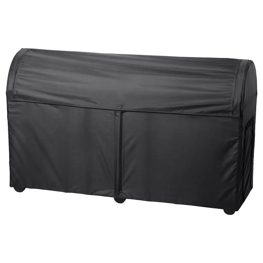 Closed black IKEA TOSTERÖ textile storage box with handles.