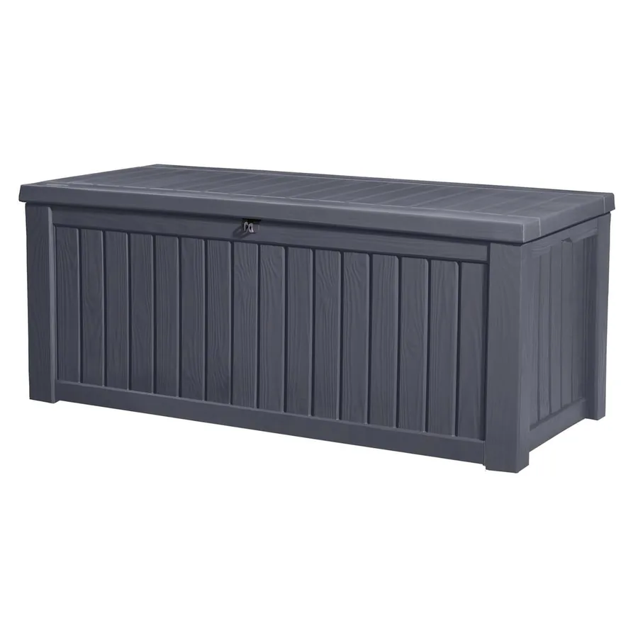 Closed dark Keter Rockwood storage box with a wood-look surface.