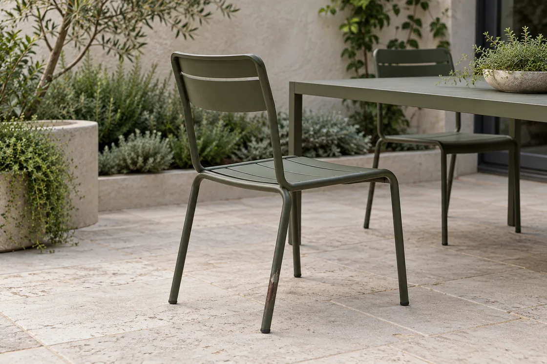 AI-generated illustration of a fictional weathered green chair beside a table in a courtyard.