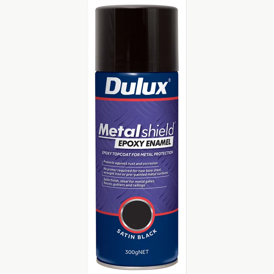Dulux Metalshield Epoxy Enamel Satin Black 300g aerosol.