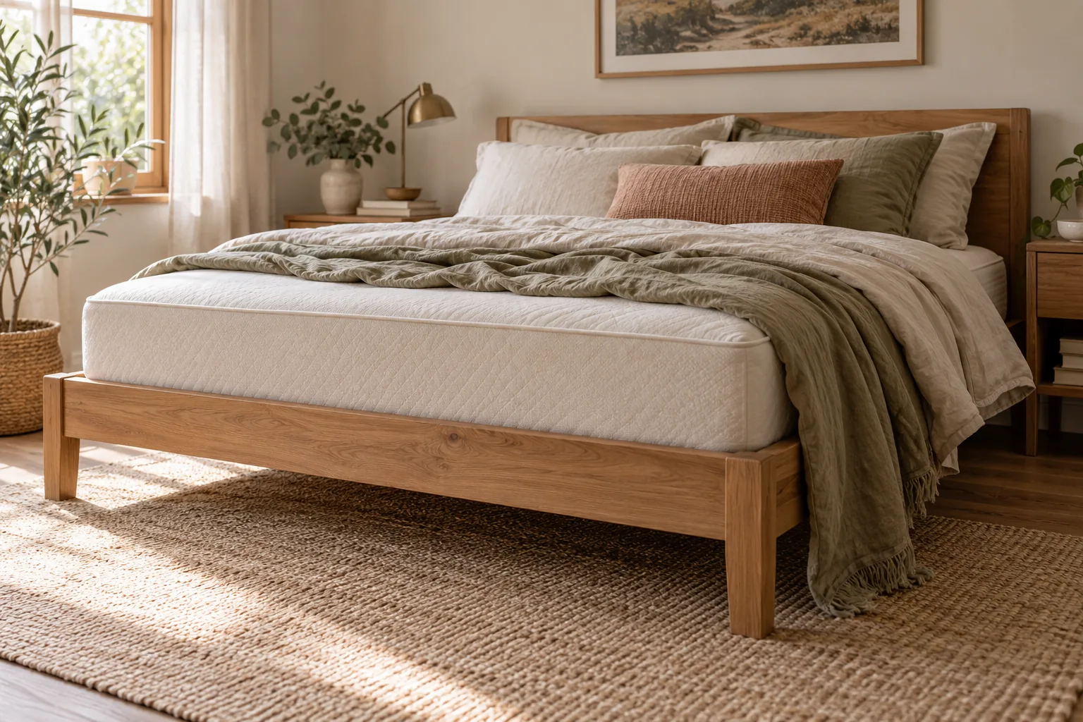 AI-generated illustration of a fictional bedroom with an unbranded bed. Not product evidence.