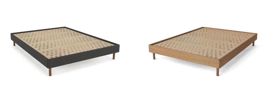 Two headboardless Indestruct bases in Charcoal and American Oak finishes, with support panels exposed.