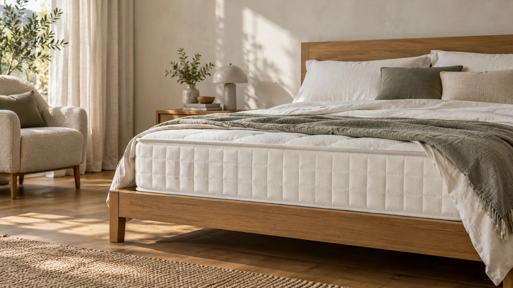 An unbranded white mattress on a timber bed in a sunlit bedroom, with neutral bedding folded back.