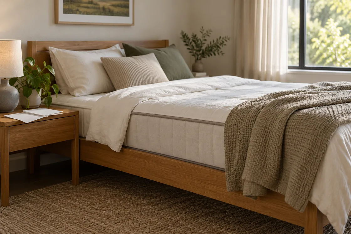 An unbranded mattress on a timber bed with pale linen folded back, beside papers on a bedside table in a sunlit bedroom.