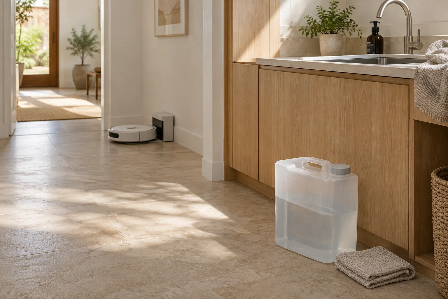 A fictional laundry with a water container near the sink and an unbranded robot vacuum in the hallway.
