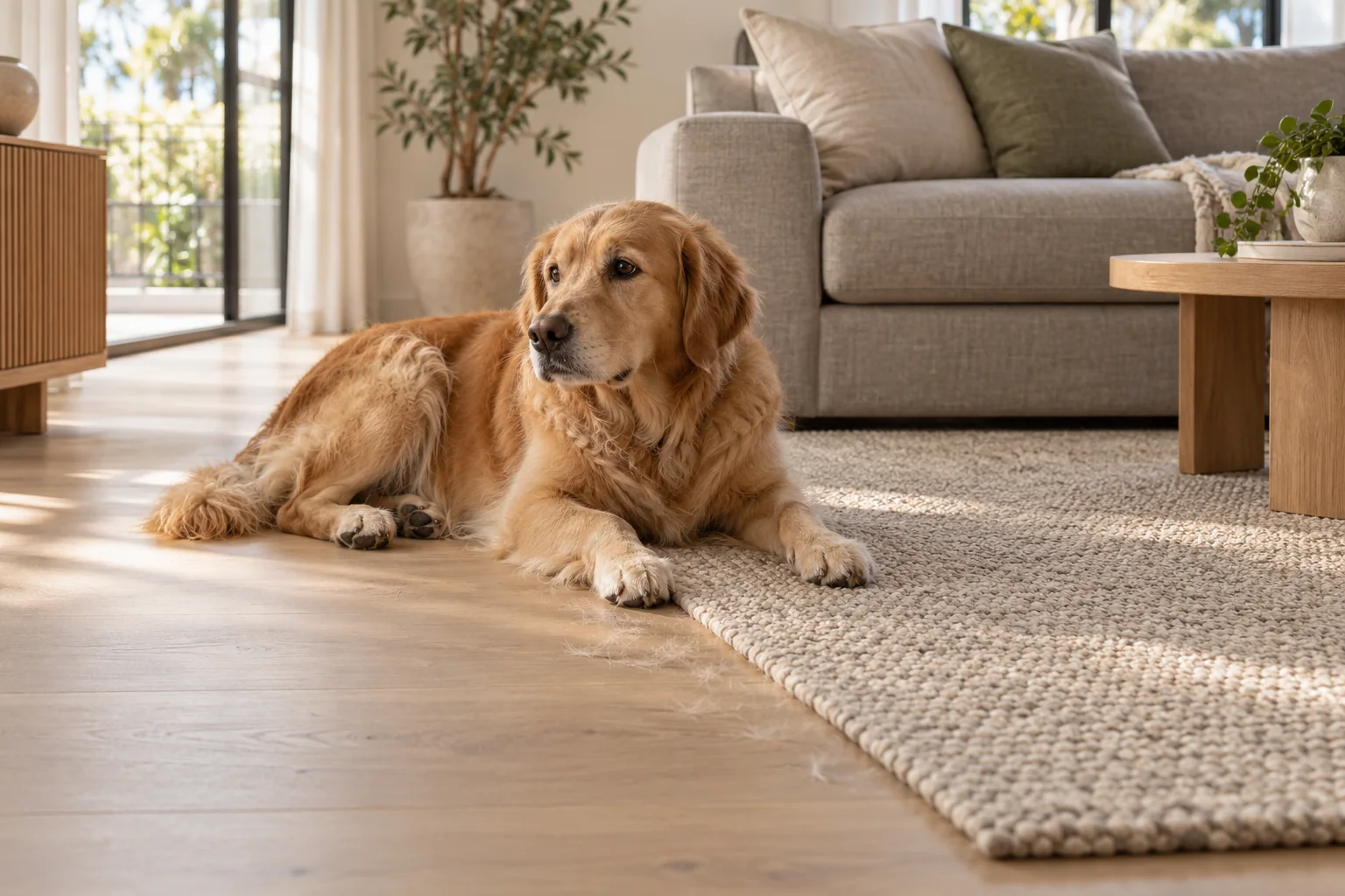 A golden-coated dog rests beside a rug on a pale timber floor, with loose hair near its paws.