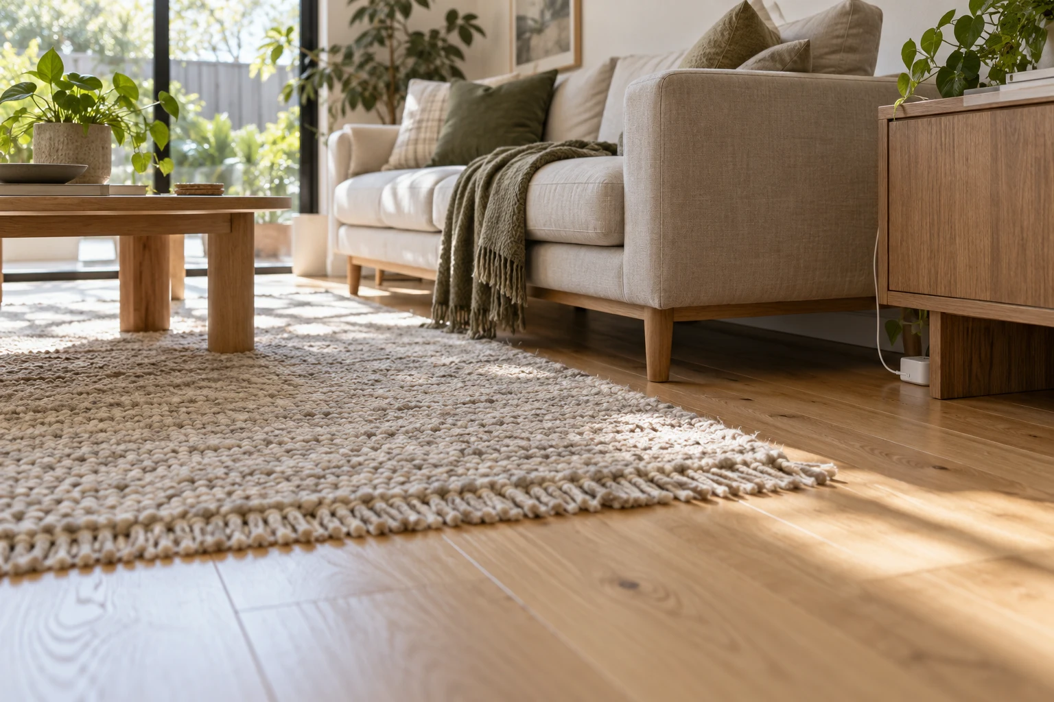 Floor-level view of a living room with a fringed rug, timber furniture, linen sofa and a visible cable beside a cabinet.