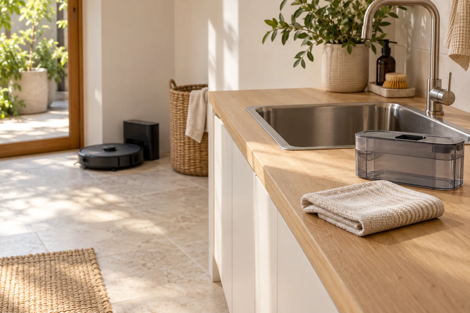 A fictional laundry corner with a removable water container and folded cloth beside a sink, and an unbranded robot vacuum in the background.