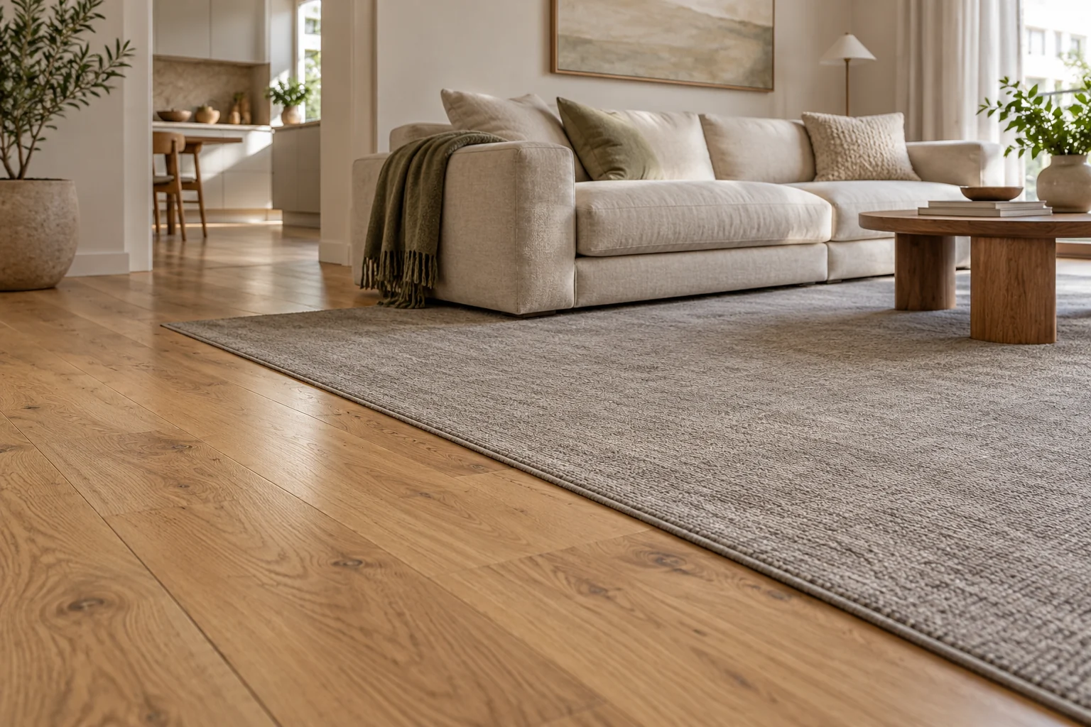 A robot vacuum beside a rug on timber flooring in a living room.