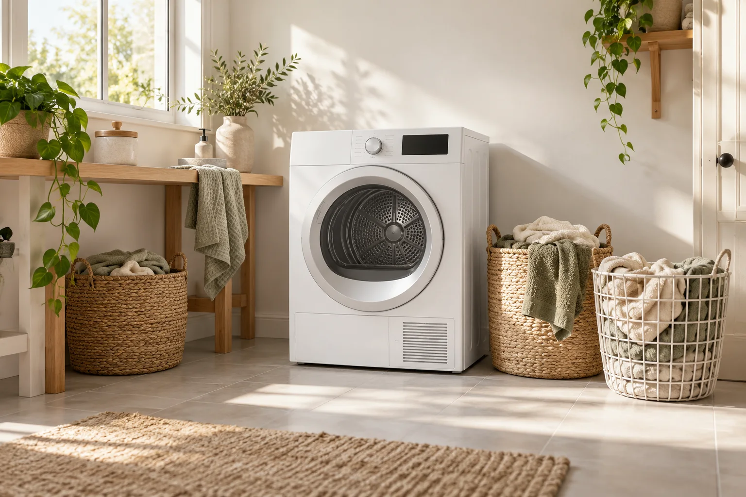 An unbranded white dryer in a sunlit laundry, with baskets of towels and clothes beside it.
