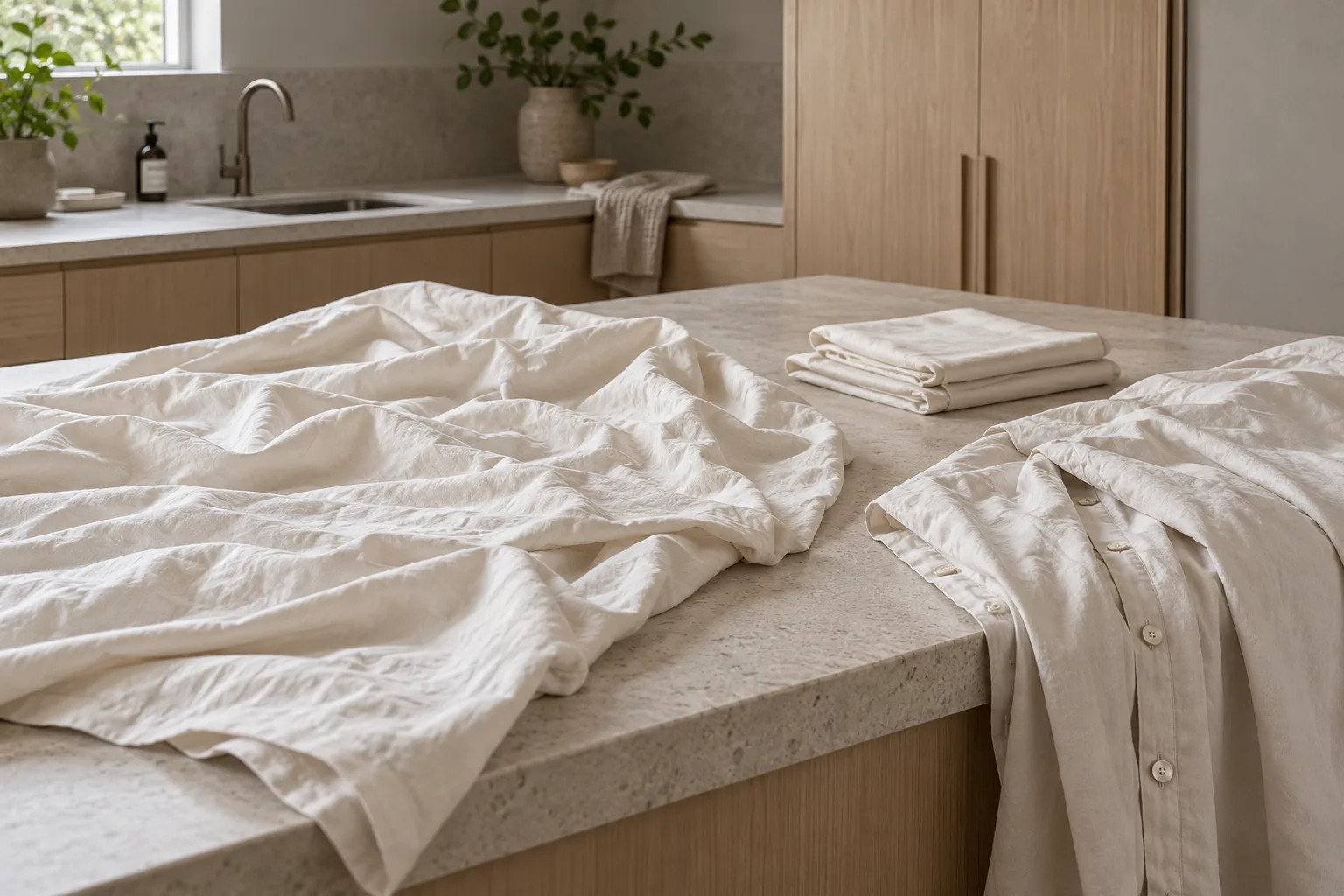 Loose pale bedding and an empty quilt cover on a stone worktop in a fictional laundry.