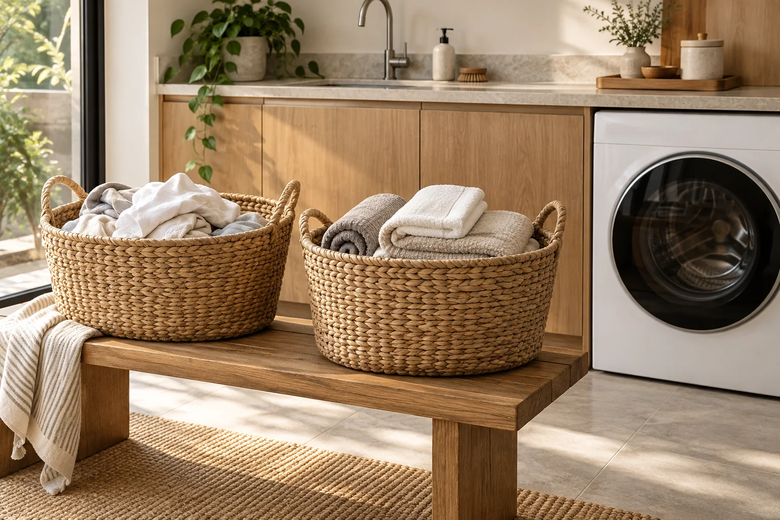 Two woven baskets holding clothing and towels beside an unbranded dryer in an illustrative laundry.