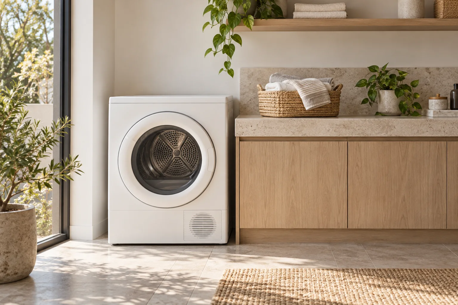 An unbranded white dryer beside a stone counter and basket of towels in a fictional laundry.