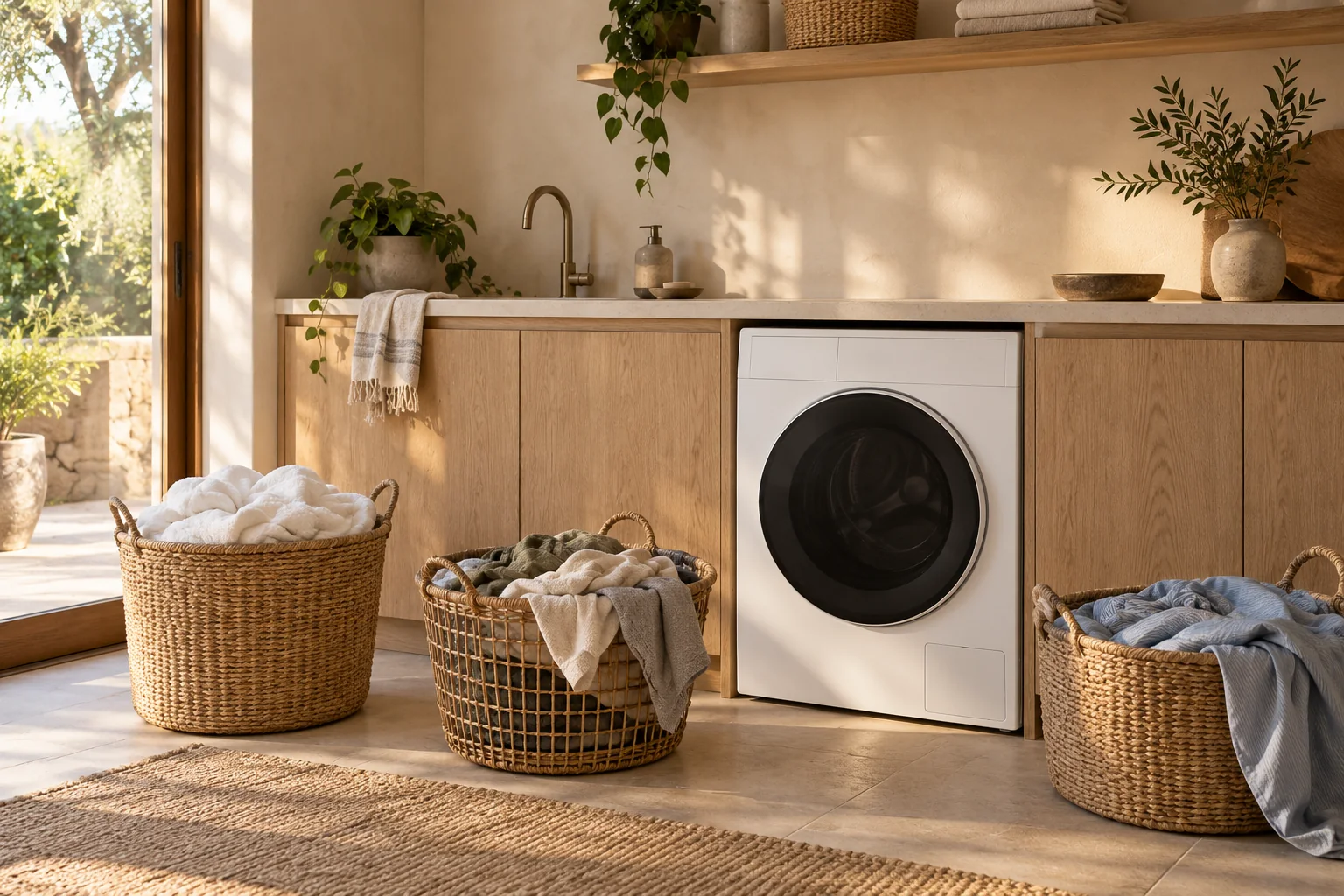 Fictional neutral laundry with three baskets of textiles and a generic white front-loading appliance.